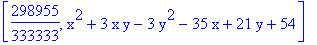 [298955/333333, x^2+3*x*y-3*y^2-35*x+21*y+54]